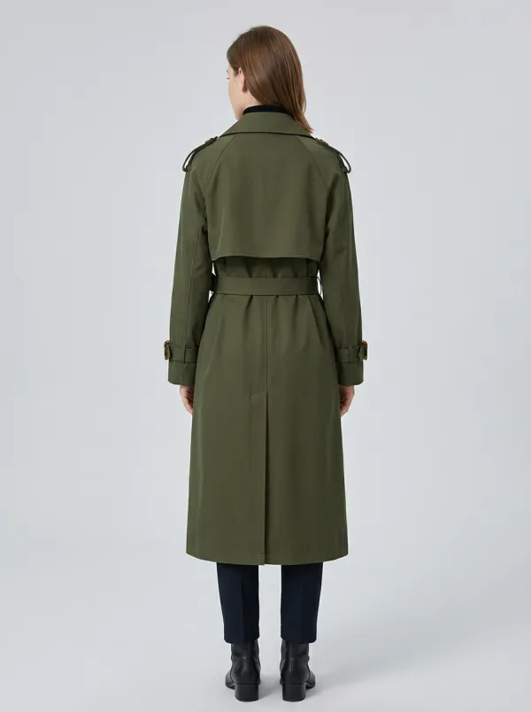 Women's Classic Military Olive Double-Breasted Belted Trench Coat