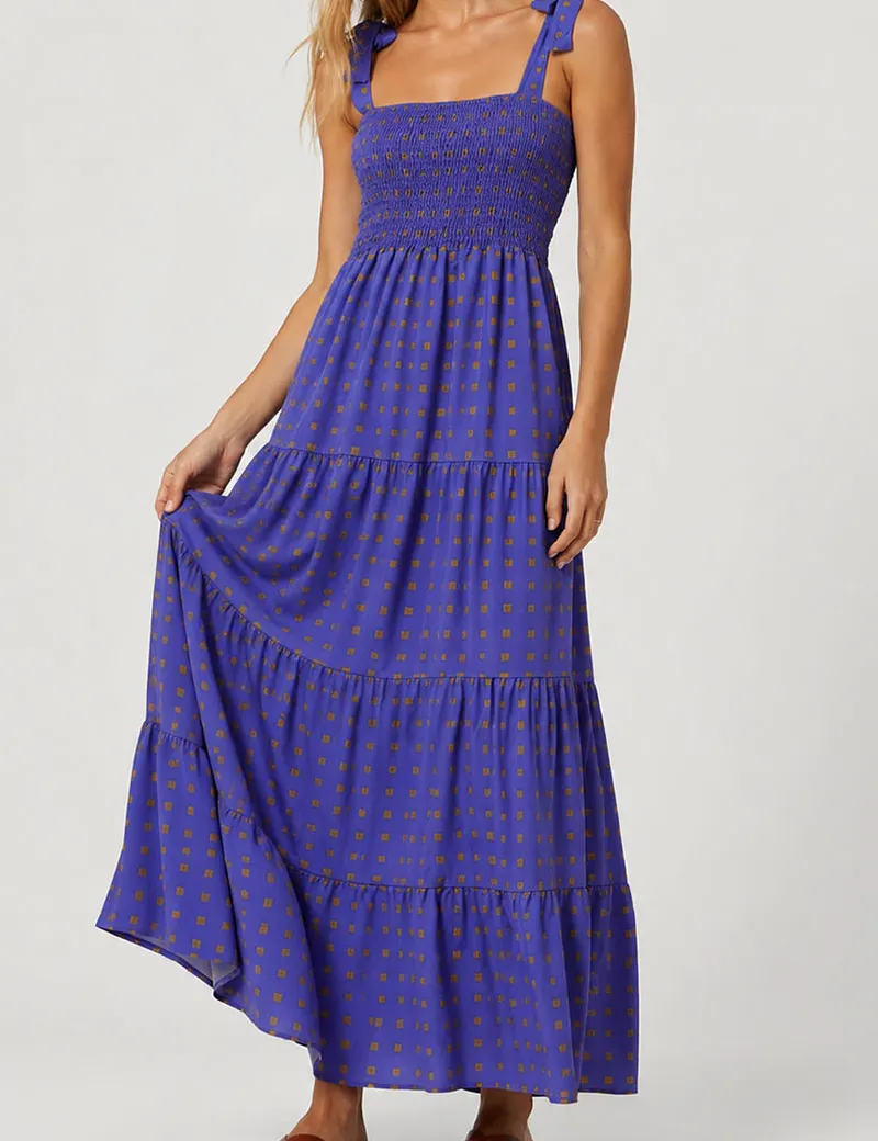 Abstract Smocked Strap Square Neck Midi Dress