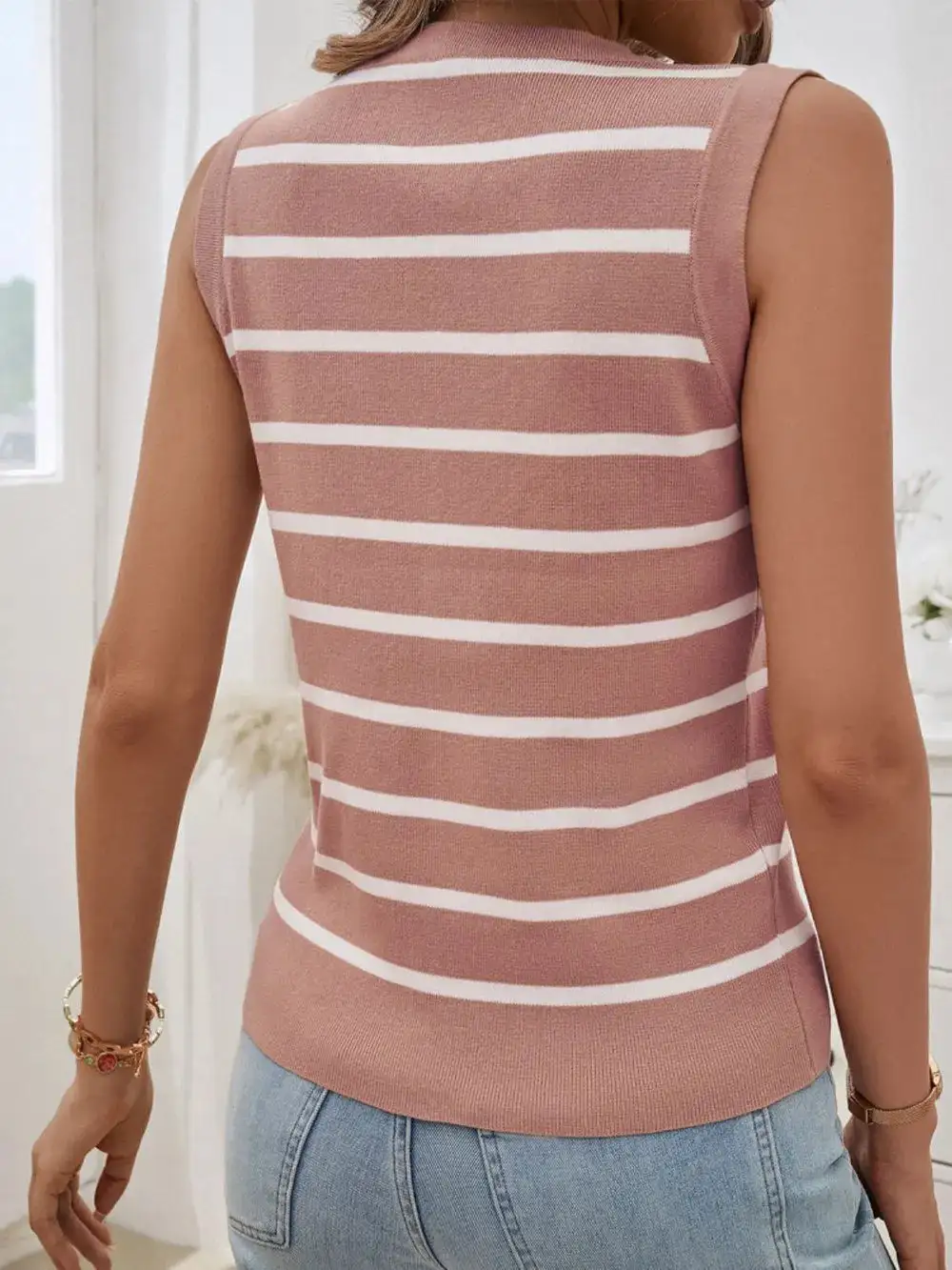 Striped V-Neck Knit Tank With Sheer Detail