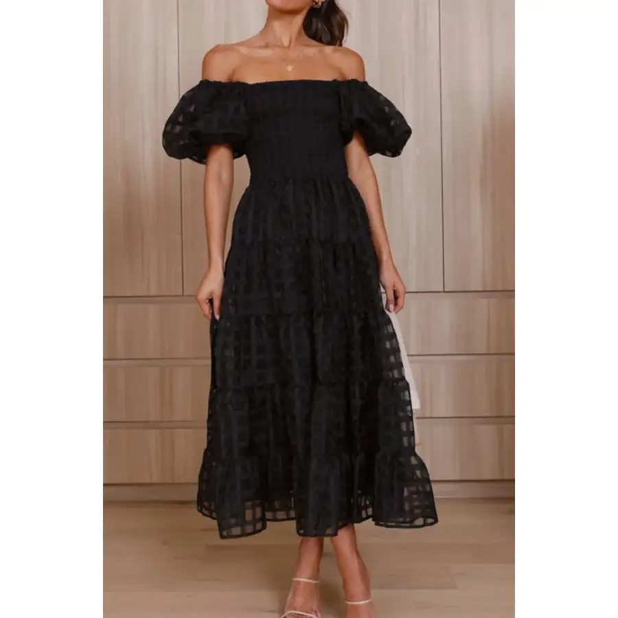 Off Shoulder Short Puff Sleeve Midi Dress