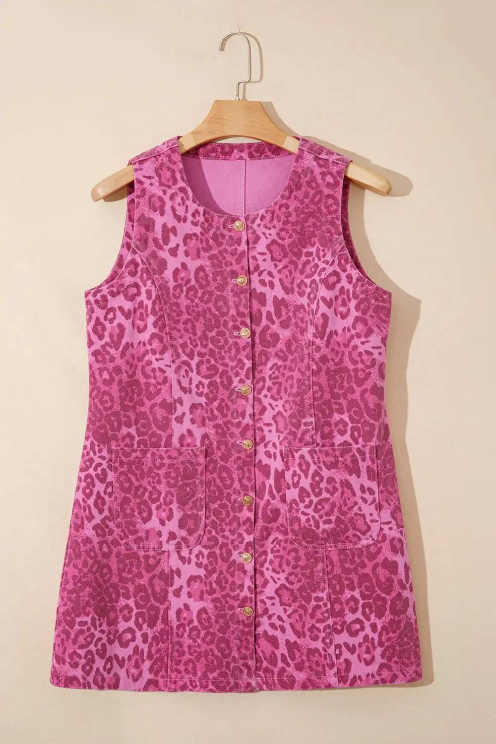 Leopard Denim Buttoned Shift Sleeveless Dress