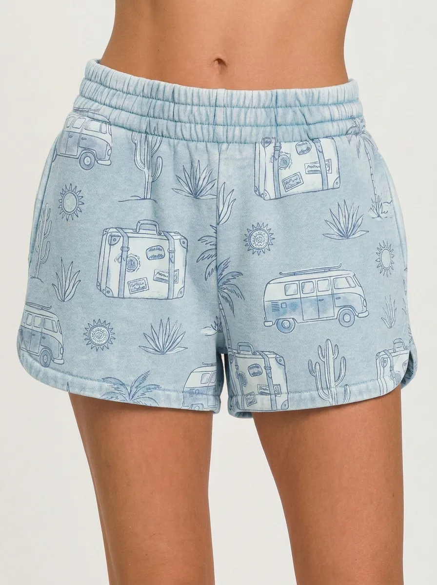 Women's Travel Lover Van Cactus Suitcase Printed Shorts