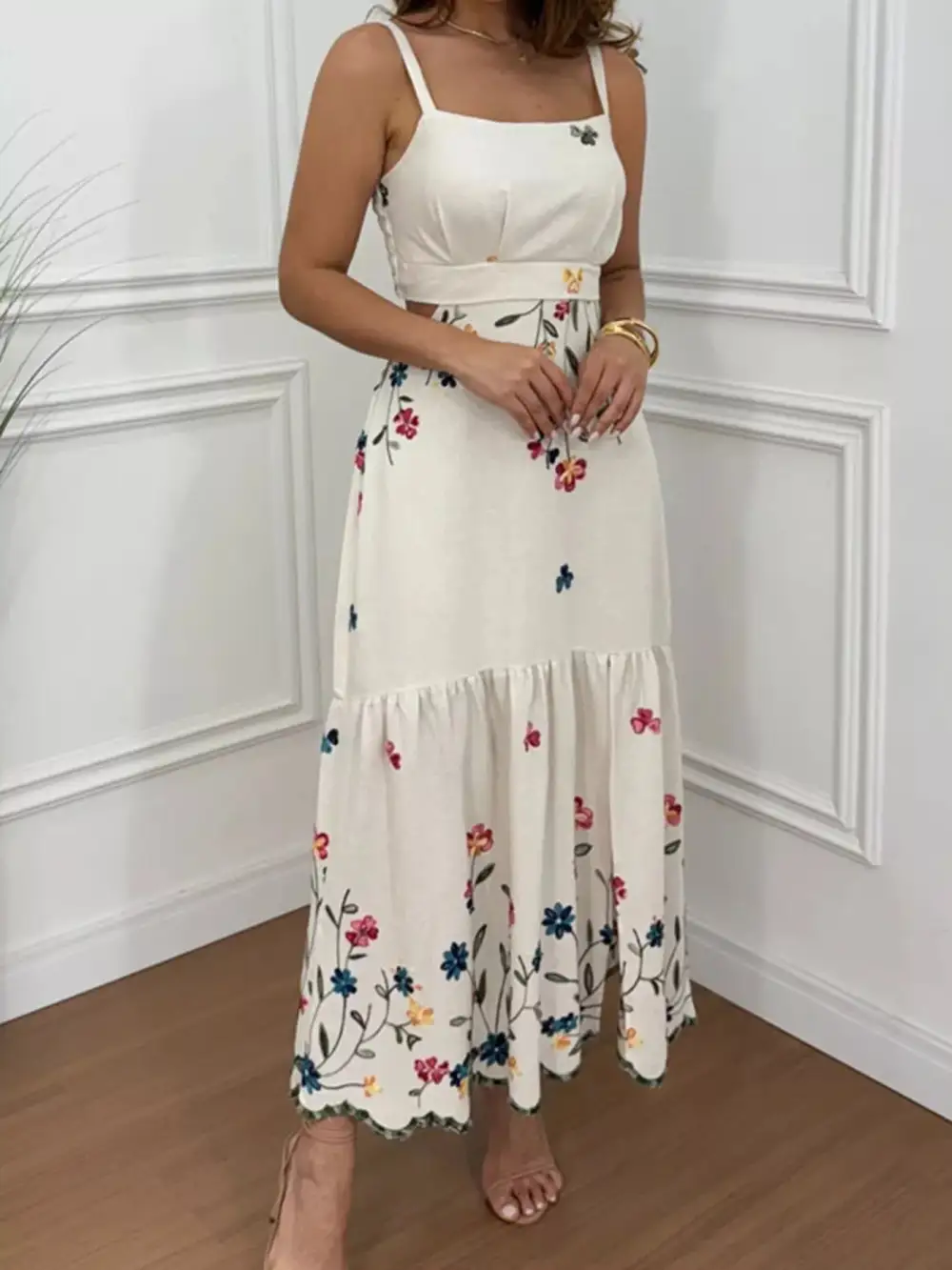 Print Cutout Back Slit Hem Midi Dress