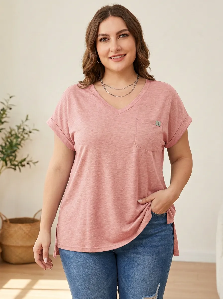 Women's Plus Size Olive Green Pocket V-Neck Loose T-Shirt
