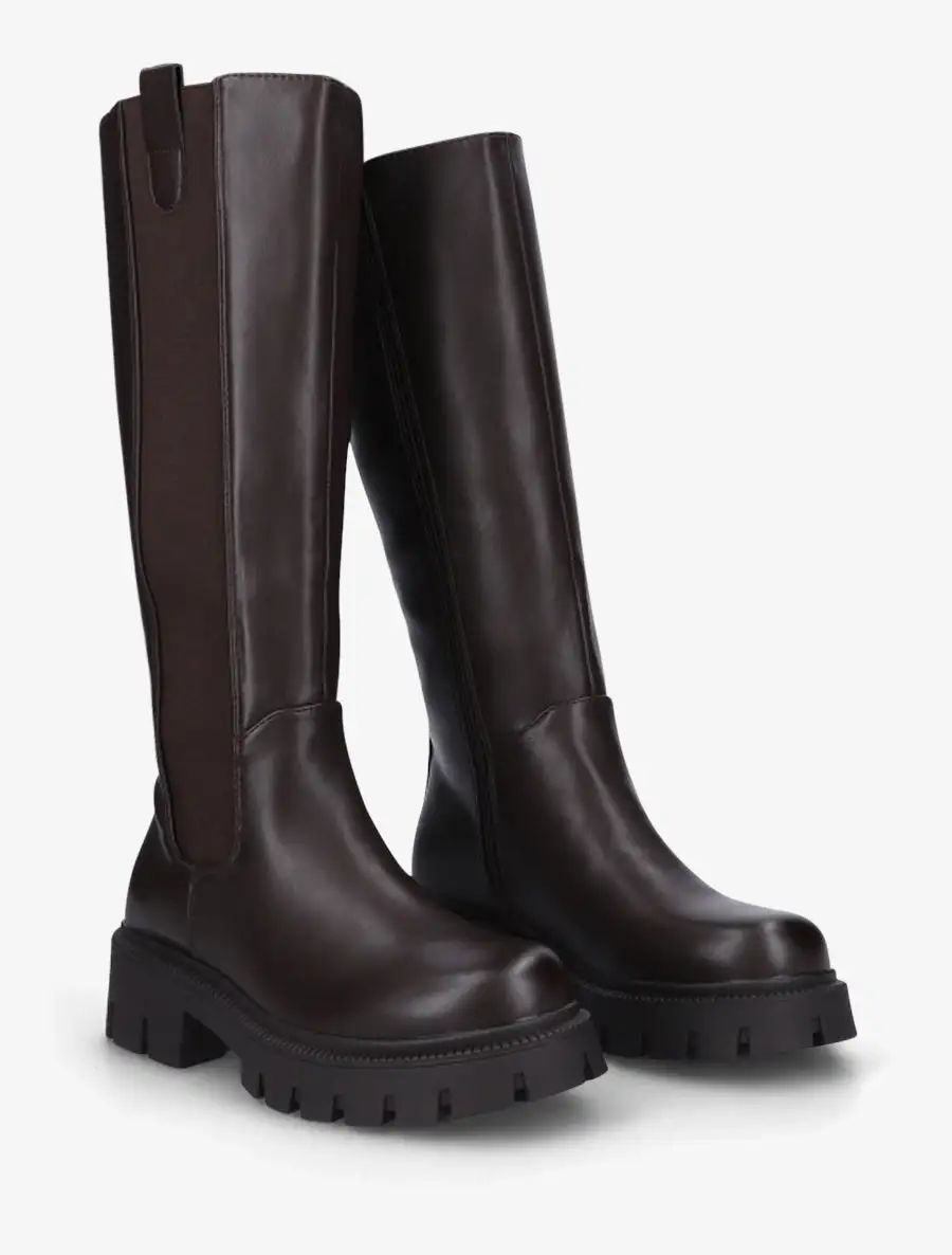 Easy Wear Stretch Panel Block Heel Faux Leather Knee High Boots