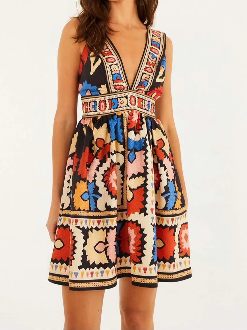 Bohemian Ethnic Print Neck Sleeveless Mini Dress