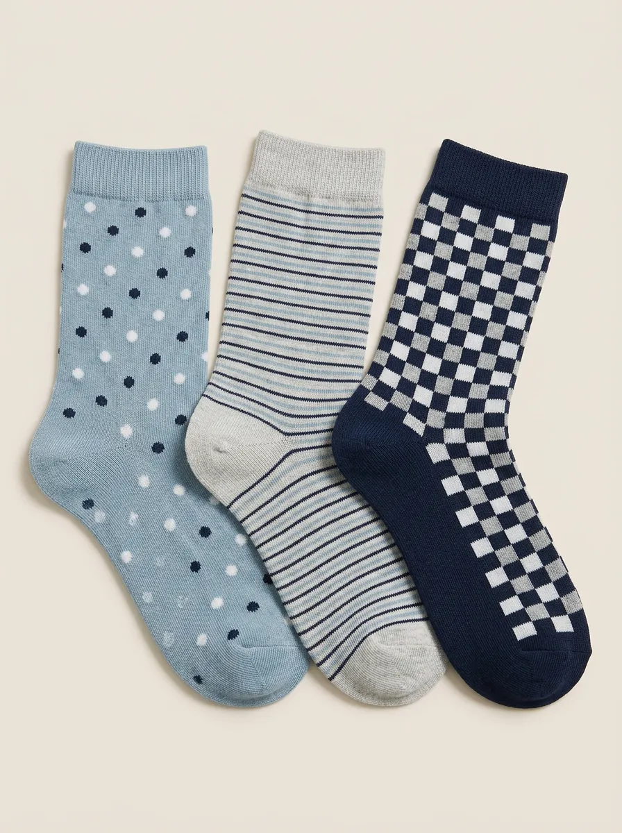 Graphic Polka Dot Striped Checkerboard Three Pair Sock Set