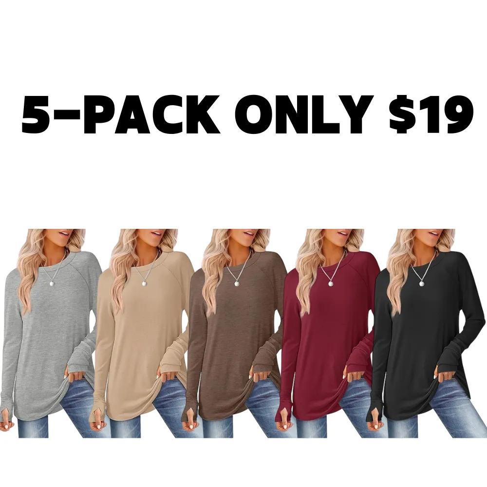 Womens Tunic Tops to Wear with Leggings Long Sleeve Thumb Hole Shirts Crew Neck Curved Hem