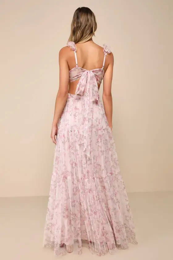 Ethereal Love Blush Floral Pleated Tiered Tie-Back Maxi Dress