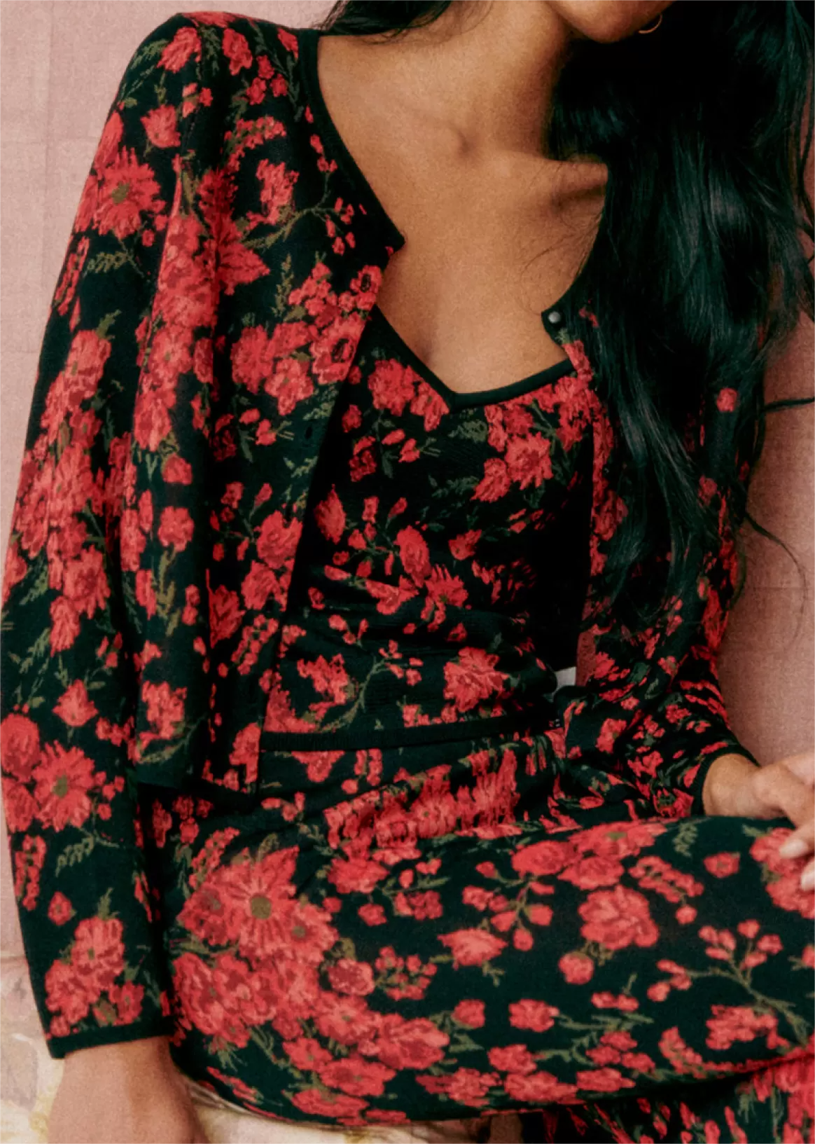 Floral Print Black V-Neck Cardigan