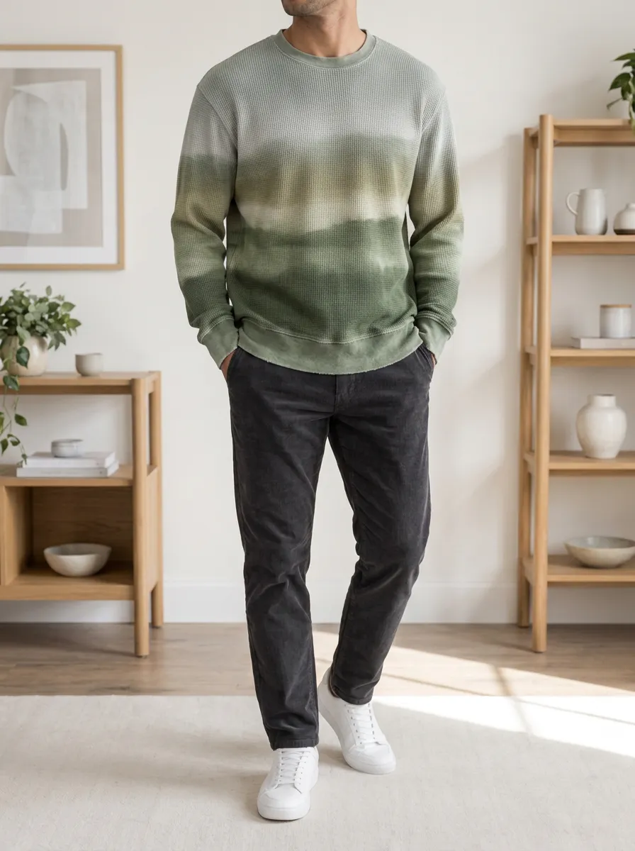 Men's Green Ombre Waffle Knit Crewneck Sweatshirt