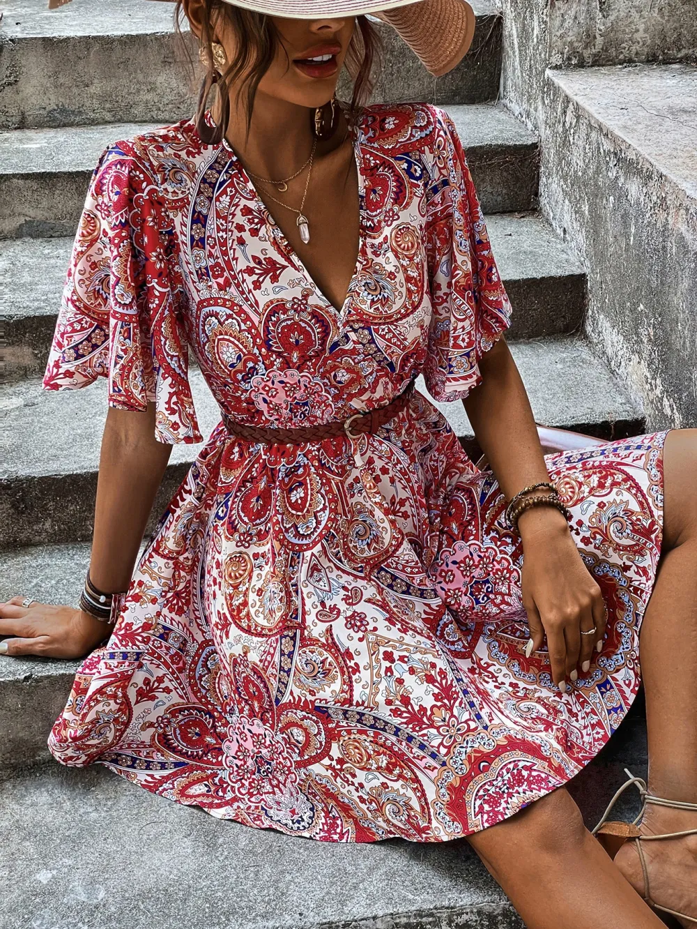 Plus Size Allover Paisley Print Tie Back Butterfly Sleeve Dress Without Belt