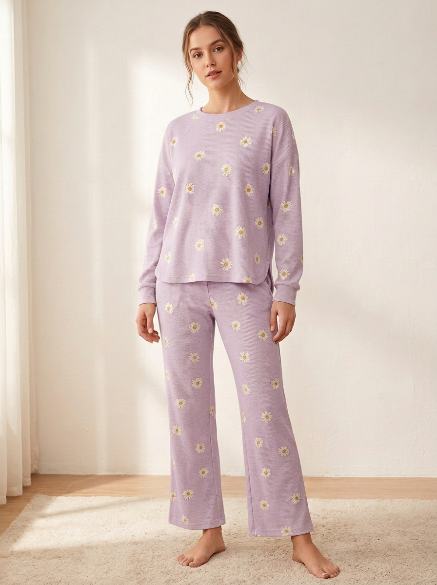 Women's Daisy Waffle-Texture Curved-Hem Wide-Leg Lounge Set