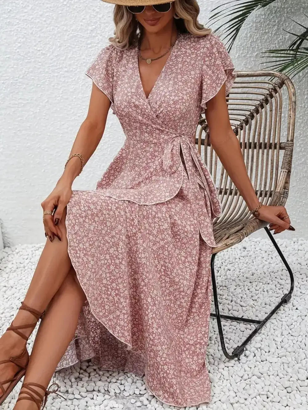Print Ruffle Hem Wrap Midi Dress