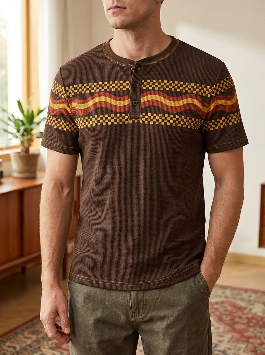 Men's Modern Retro Waffle Checkered Wave Henley T-Shirt