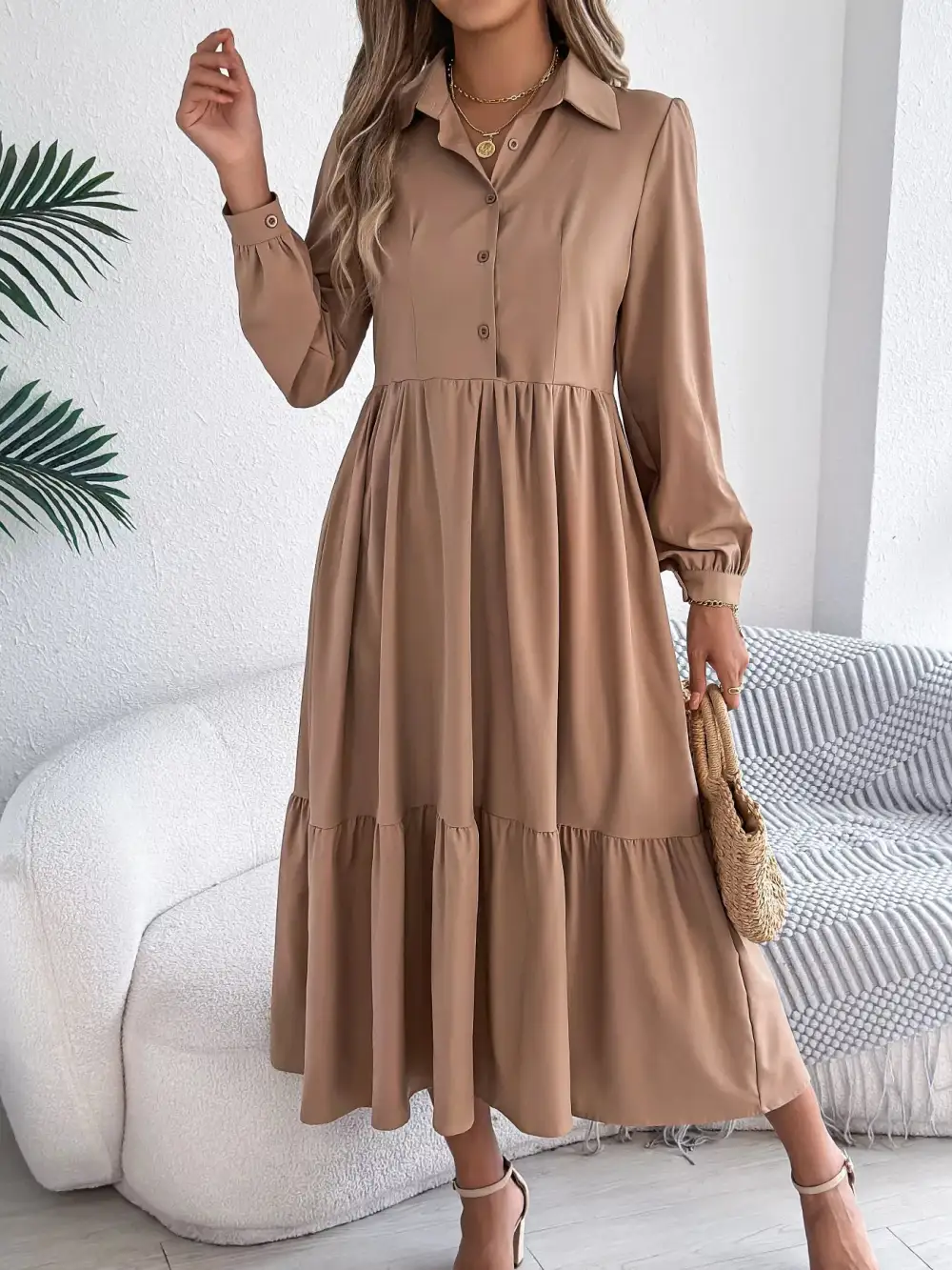 Button Front Tiered Long Sleeve Midi Dress