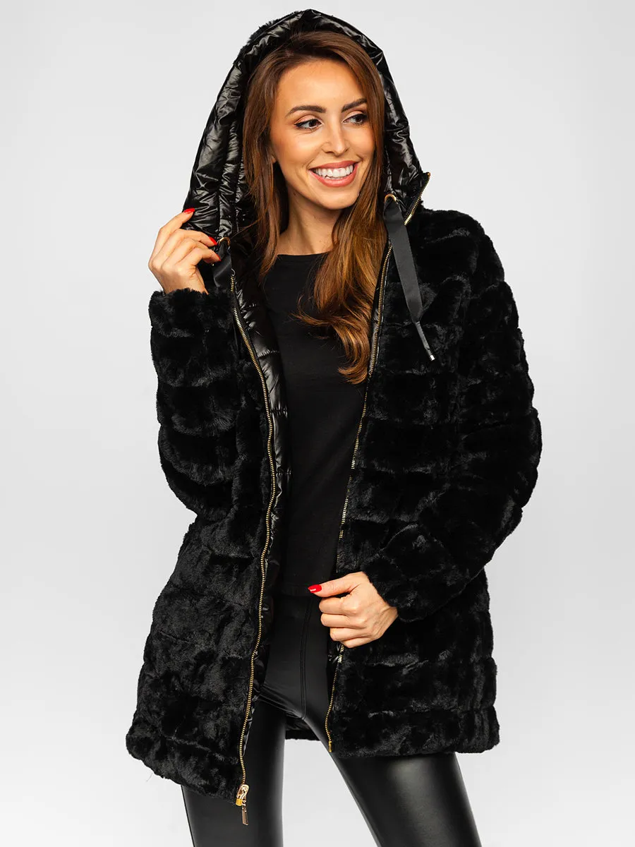 Black Women's Long Quilted Winter Jacket With Hood