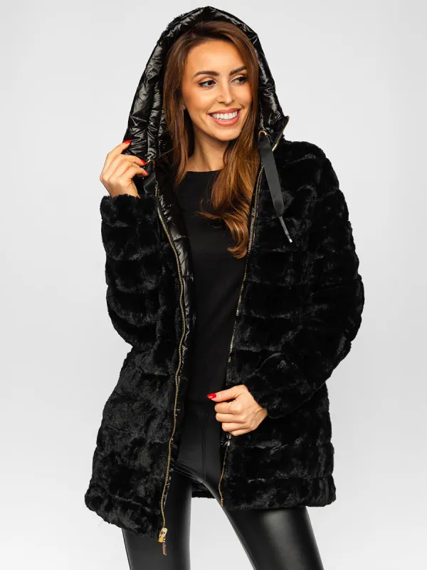 Black Women's Long Quilted Winter Jacket With Hood