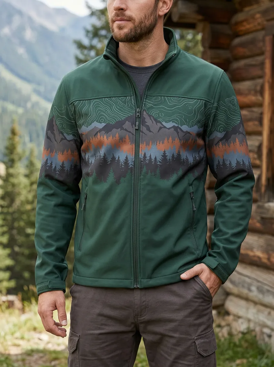 Men's Outdoor Mountain Forest Topographic Rugged Adventure Jacket