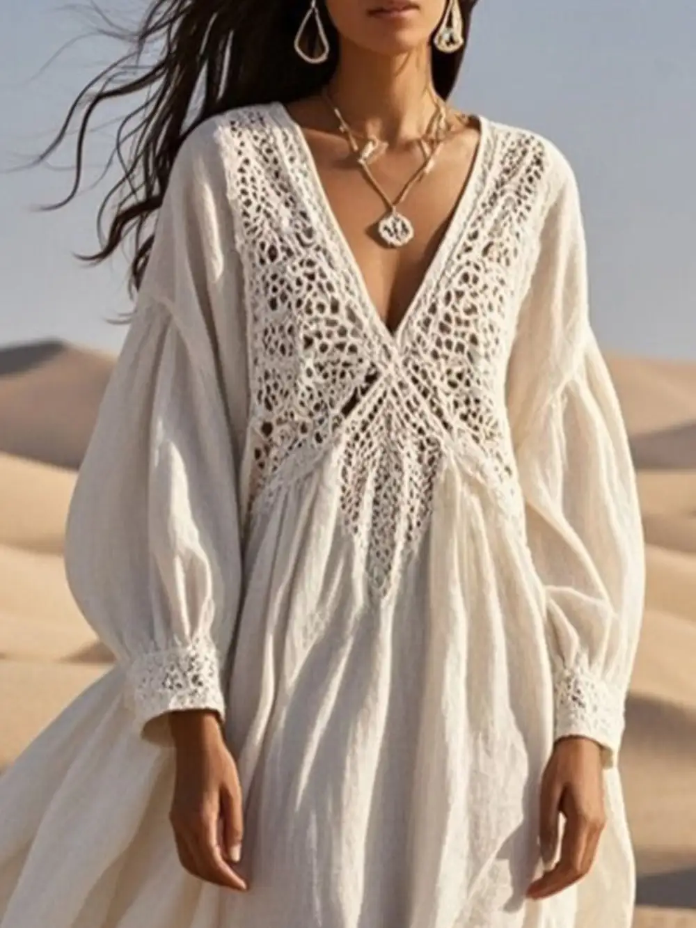 Crochet V Neck Midi Dress