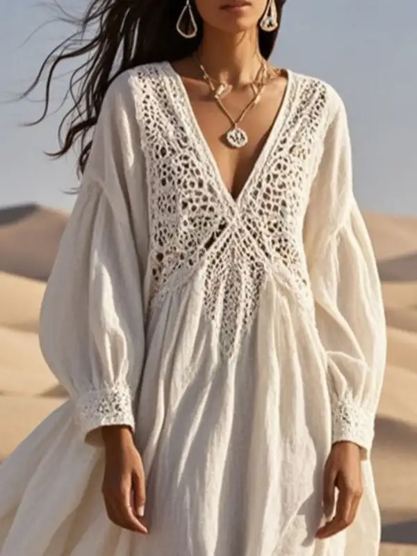 Crochet V Neck Midi Dress