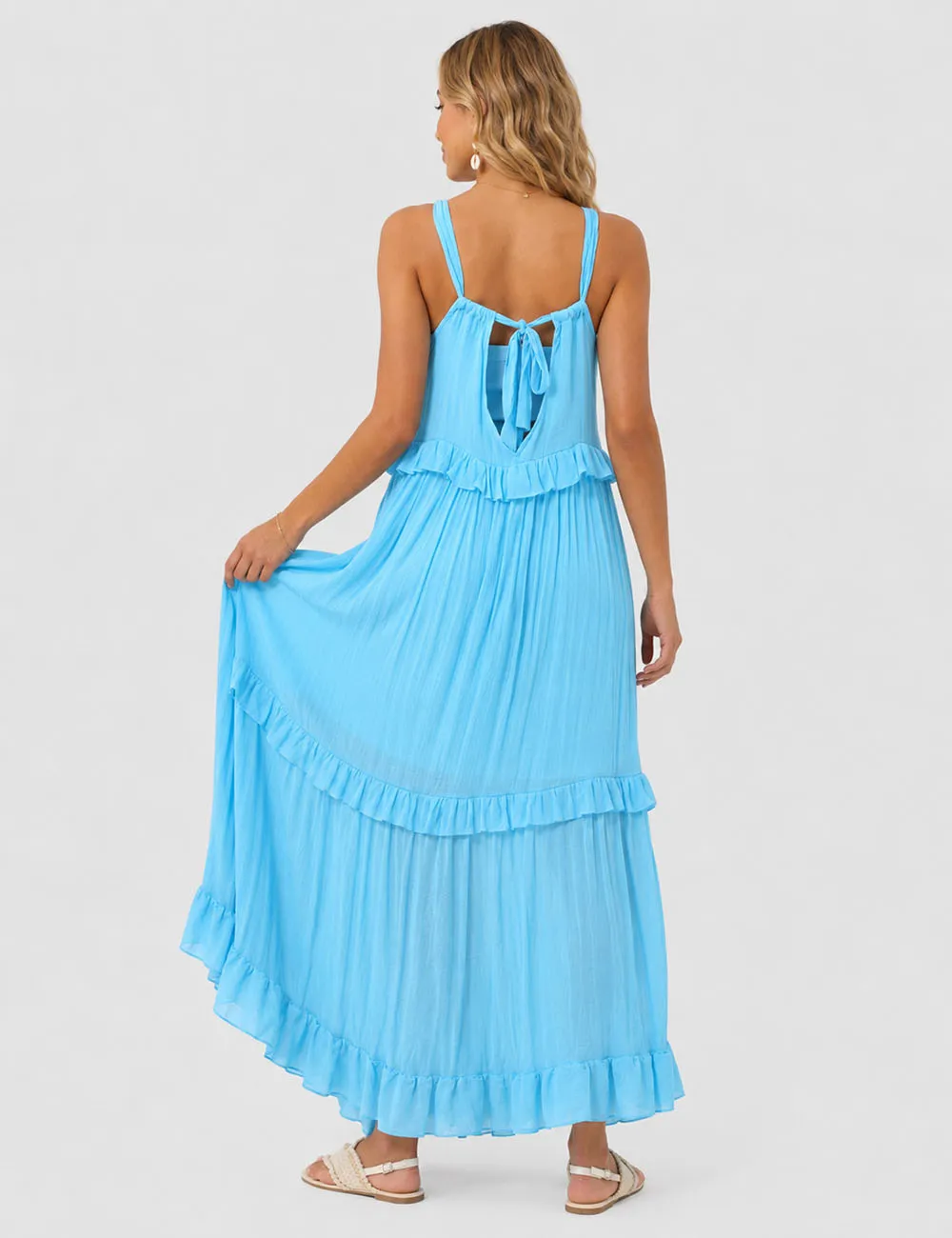 Boho Ruffle Tiered Hem Sleeveless Solid Color Maxi Dress