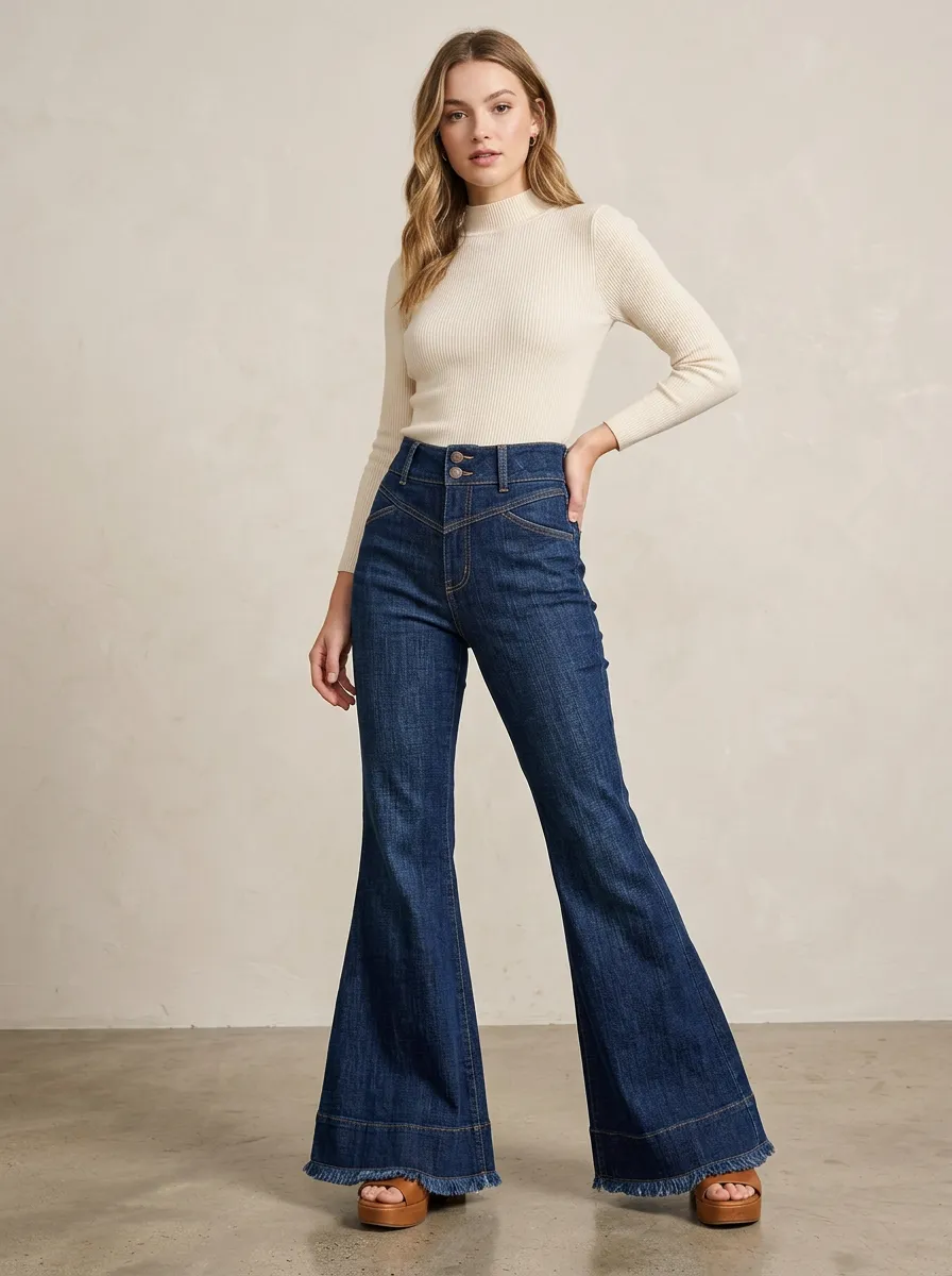 Women's Vintage Style High Waisted Frayed Hem Denim Flare Pants