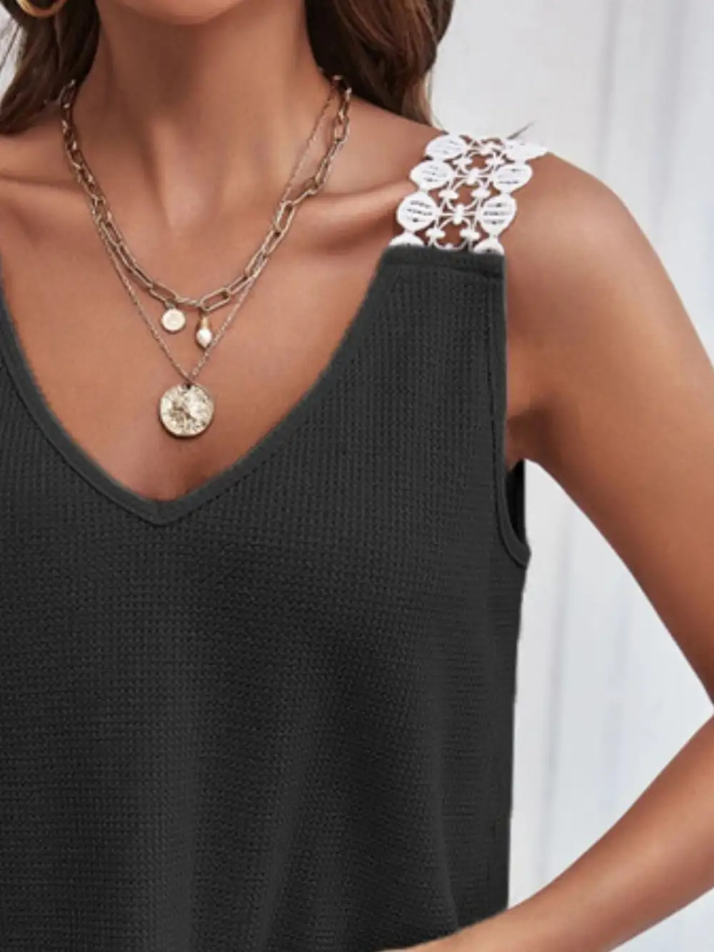 Full Size Lace Trim V Neck Waffle