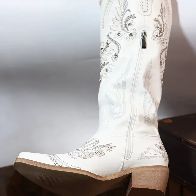 Women's Sparkly Rhinestone Cowboy Boots with Embroidery & Pointed Toe