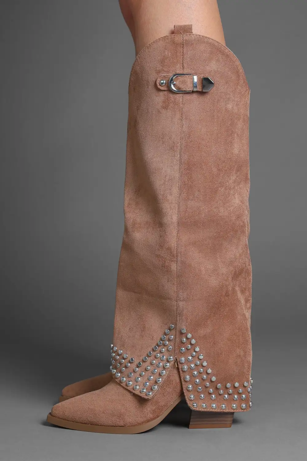 Modern Western Slouch Fold-Over Studded Knee High Boots