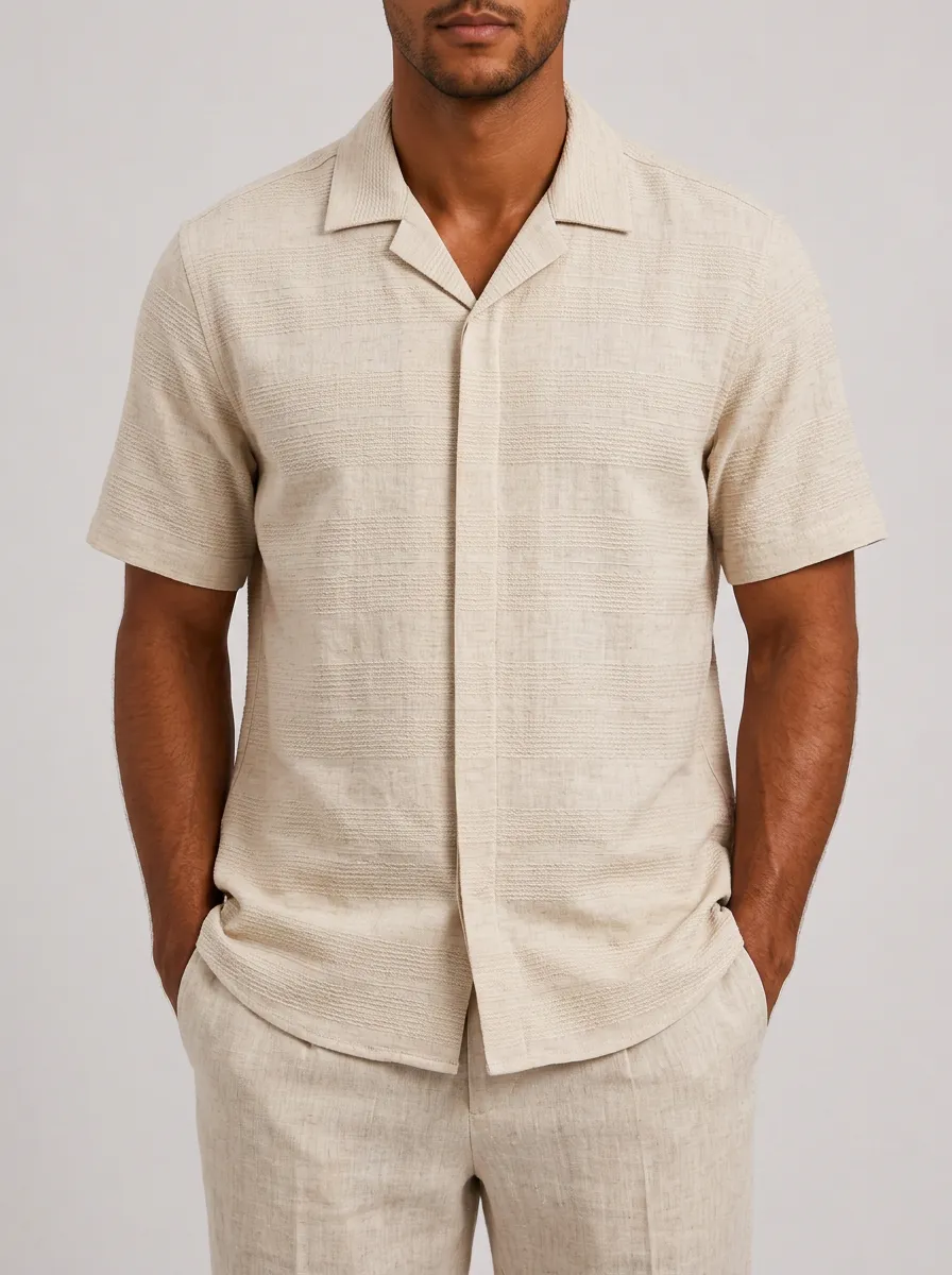 Men's Casual Beige Textured Linen Blend Camp Collar Shirt