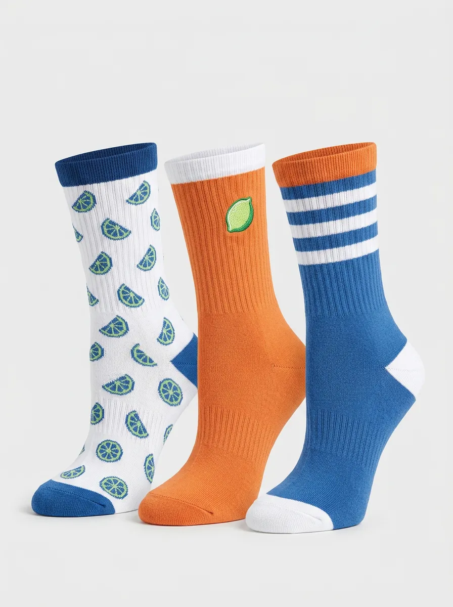 Fruit Pattern Striped Embroidered Detail 3-Pair Mid-Calf Athletic Socks