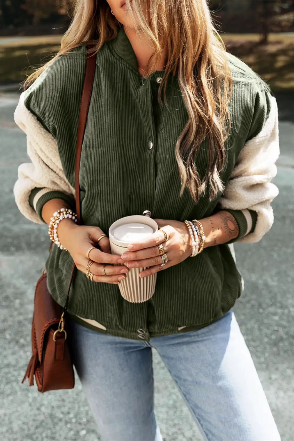Mist Corduroy Fleece Patchwork Button Bomber Jacket