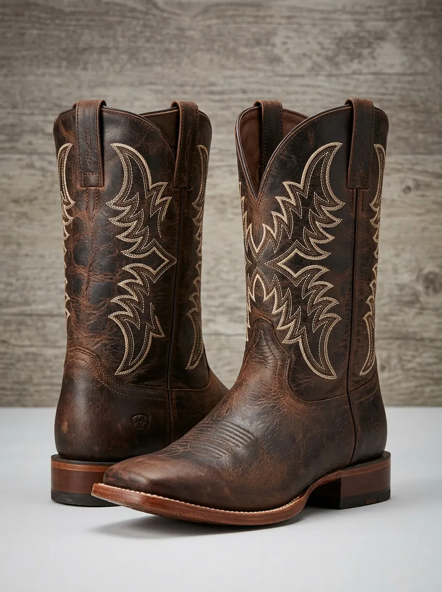 Men's Western Contrast-Embroidery Square-Toe Mid-Calf Pull-Tab Stacked-Heel Cowboy Boots