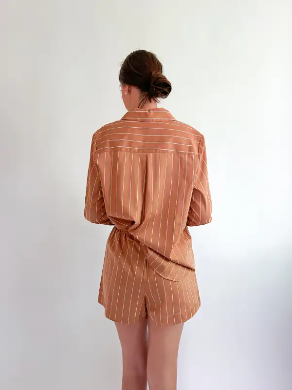 Printed Striped Poplin Shorts Button Detail