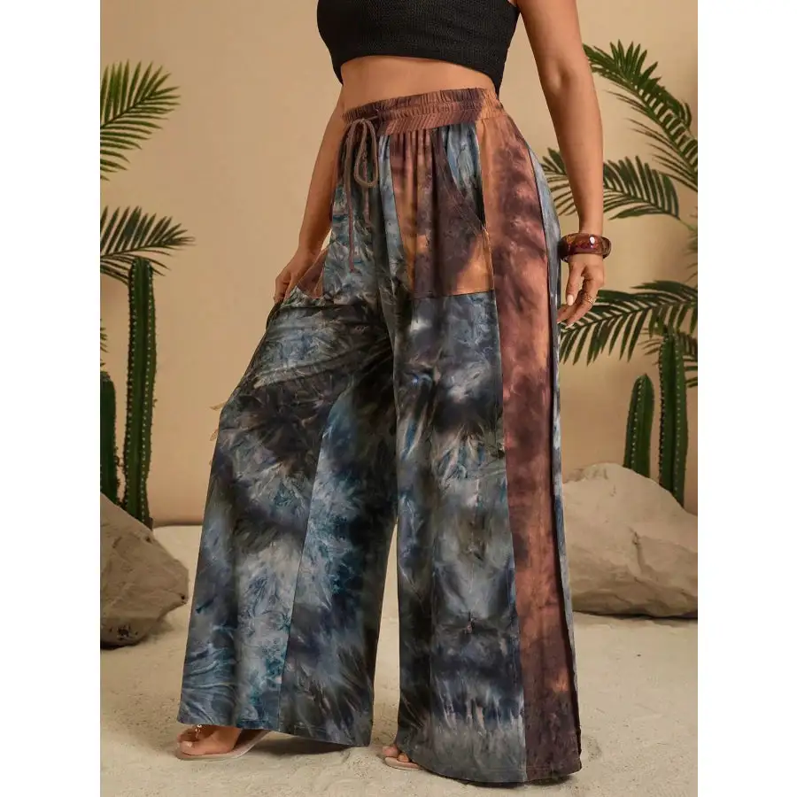 Full Size Tie Dye Wide Leg Casual Pants Plus Size