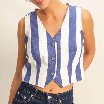 Woven Striped V-Neck Button Down Vest