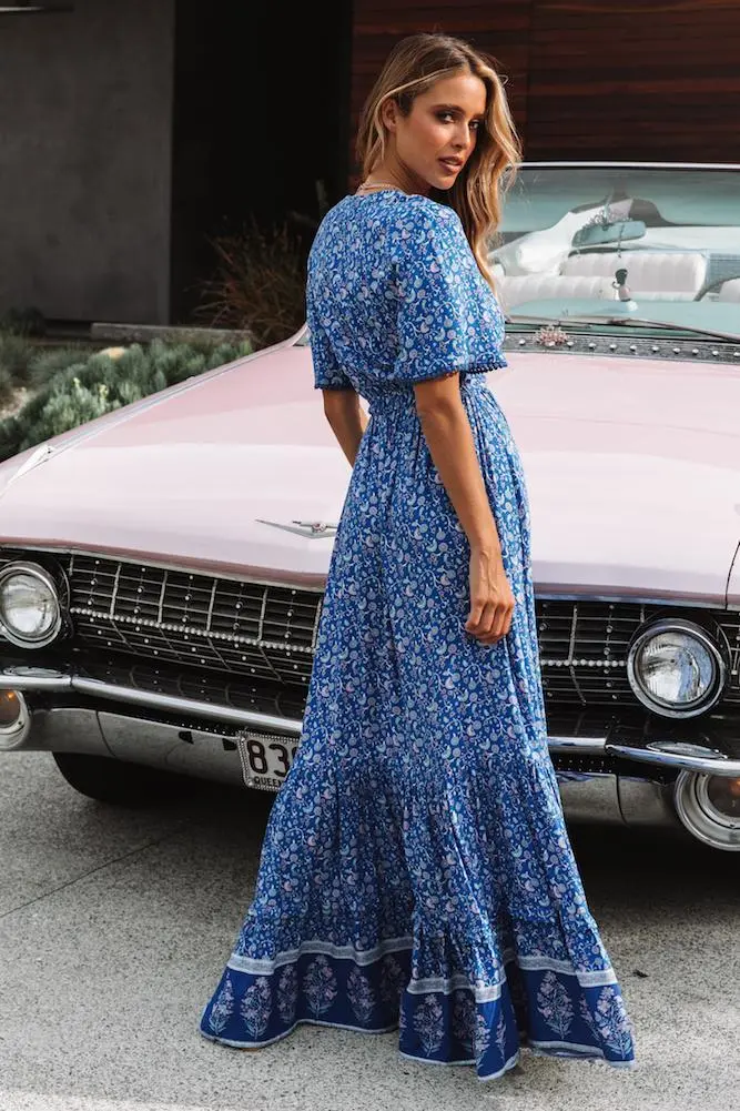 V-Neck Short Sleeve Boho Maxi Dress