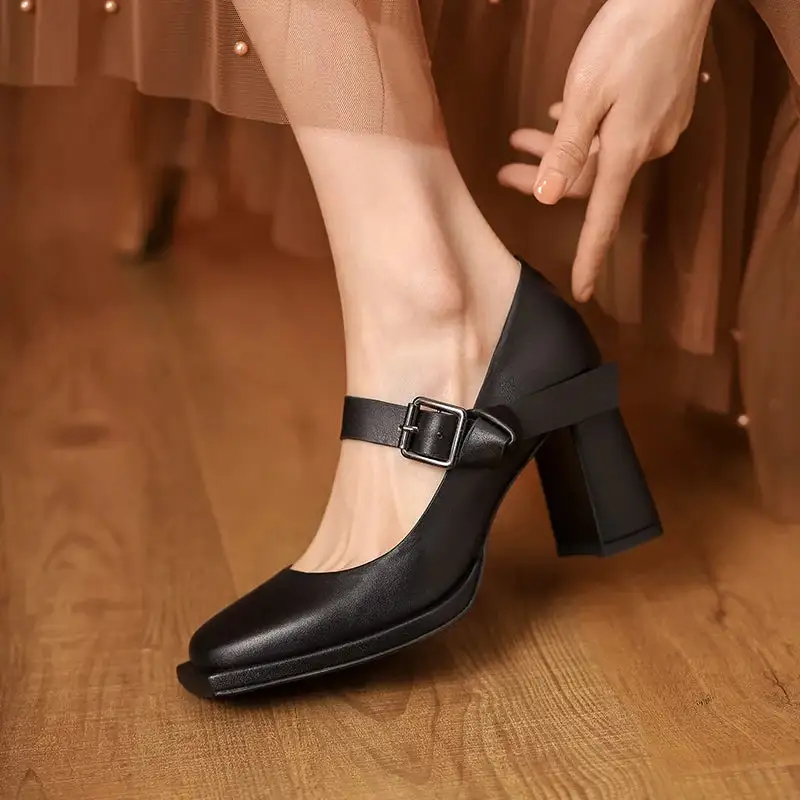 Round Toe Lace Up Buckle Strap Chunky Heel Pumps