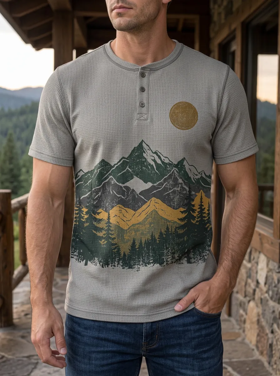 Men's Outdoor Nature Mountain Forest Printed Henley T-shirt