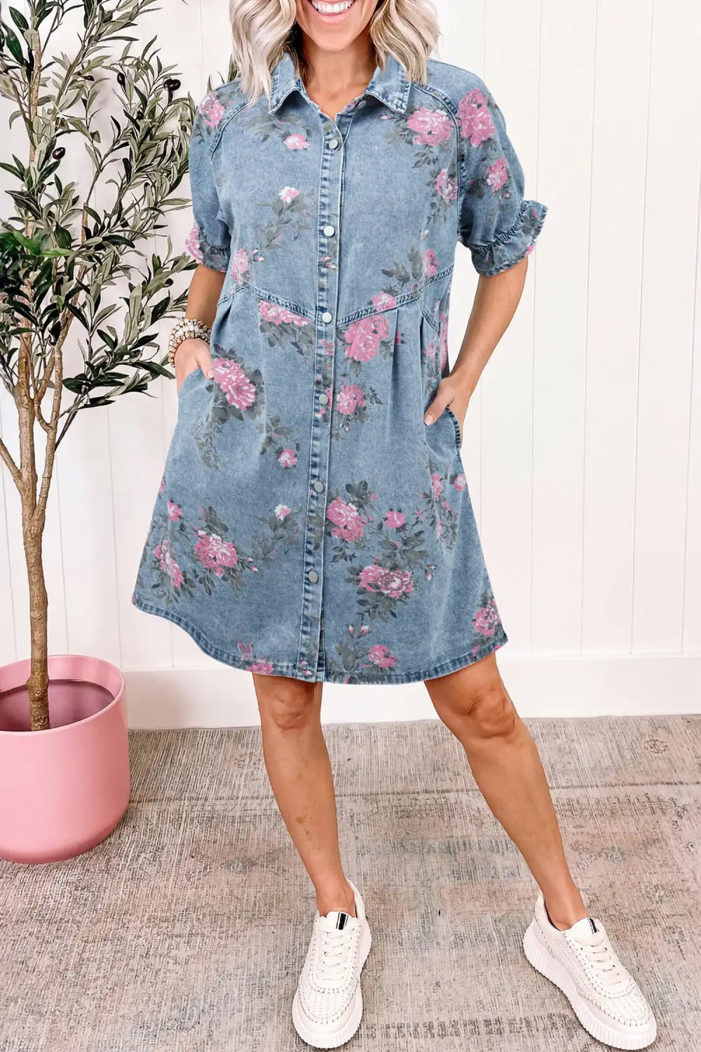 Floral Print Denim Short Sleeve Button-Down Dress