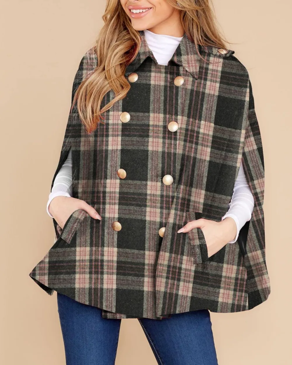 Pink Plaid Cloak Coat For Women