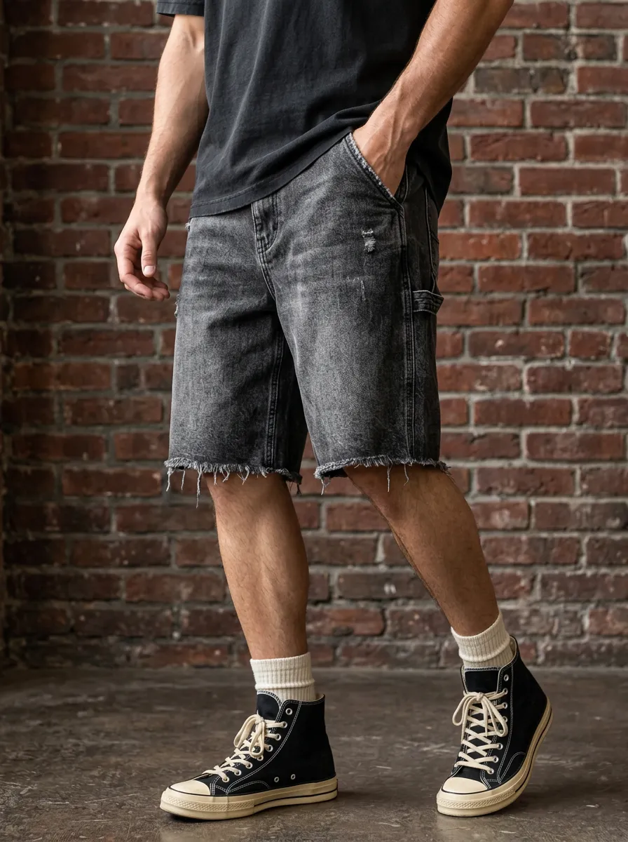 Men's Button Fly Raw Hem Denim Shorts