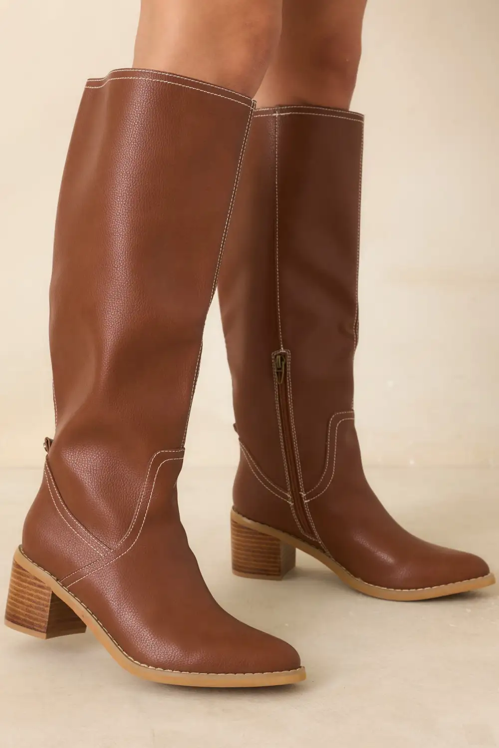 Faux Leather Almond Toe Block Heel Textured Knee High Boots