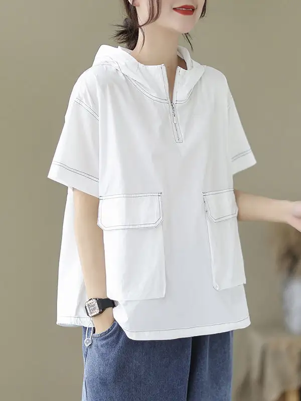 Relaxed Short Sleeve Zip Detail Hooded T-Shirt