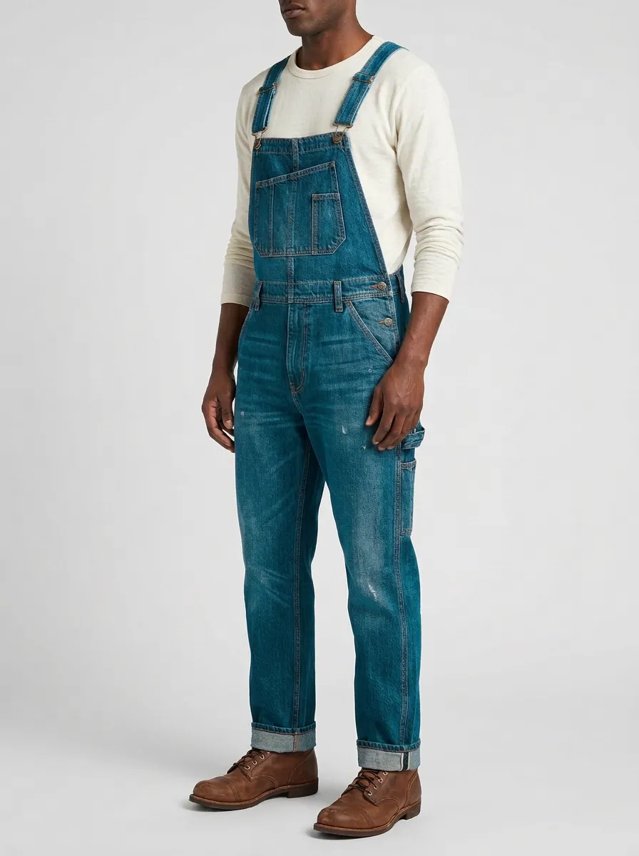 Men's Vintage Distressed Denim Bib Overalls