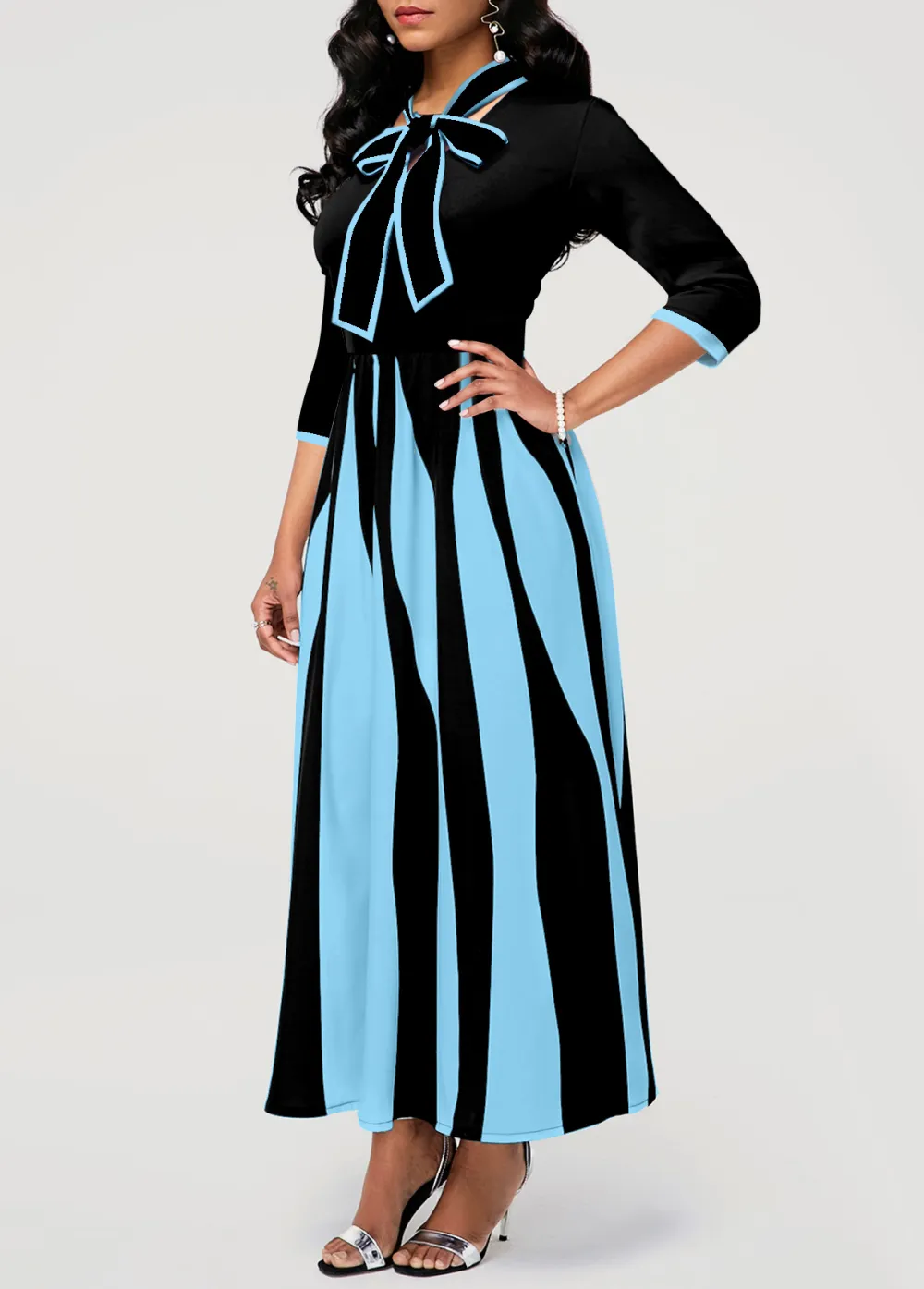 Geometric Print Pocket Tie Collar Maxi Dress