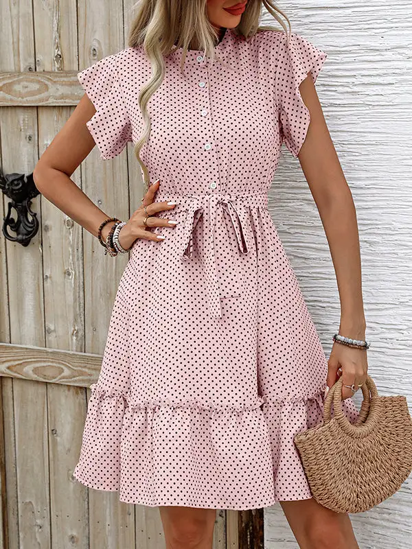 A Line Relaxed Buttoned Pleated Polka Dot Tied Waist Round Neck