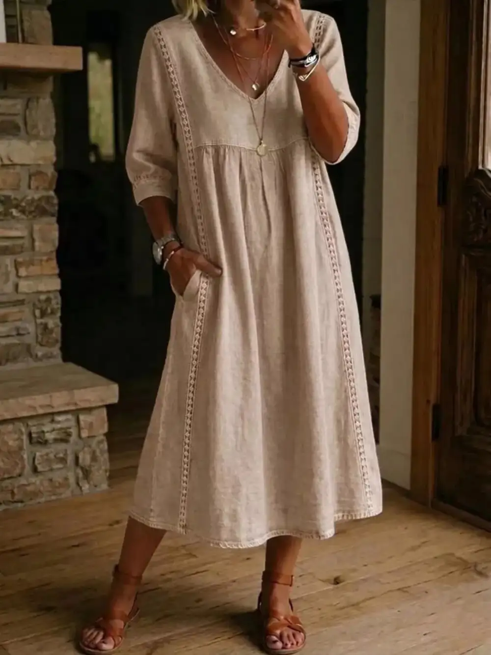 V-Neck Three Quarter Sleeve Pocketed Midi Dress