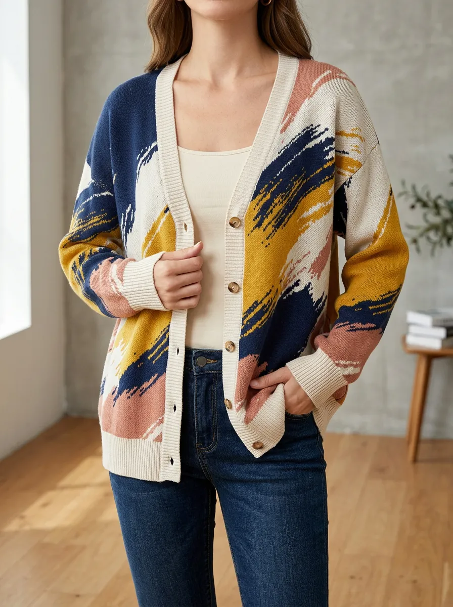 Women's Abstract Brushstroke Pattern Printed Hip Length Versatile Daywear Cardigan